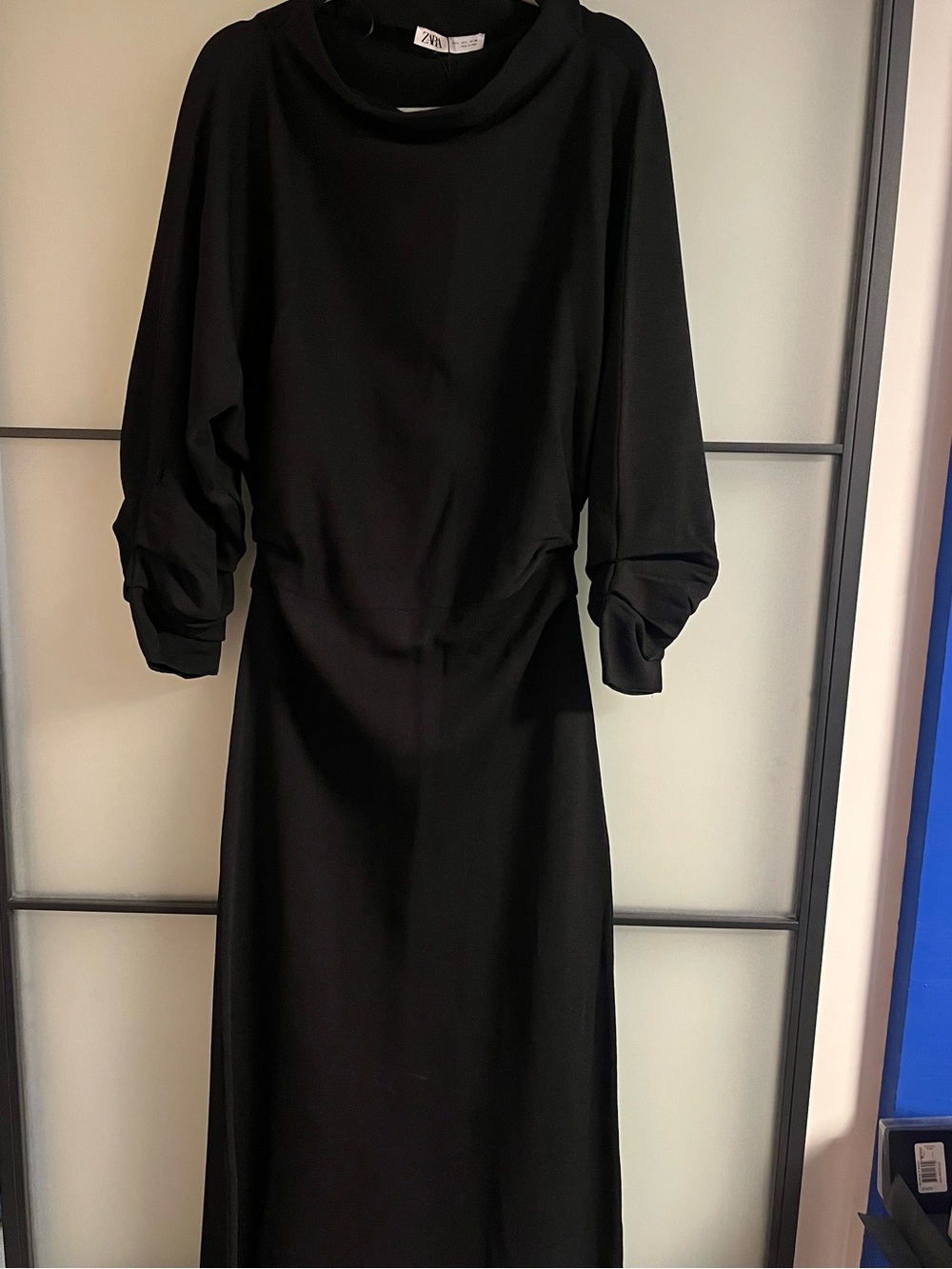 Zara Black Long Sleeve Maxi Dress with Draped Neck